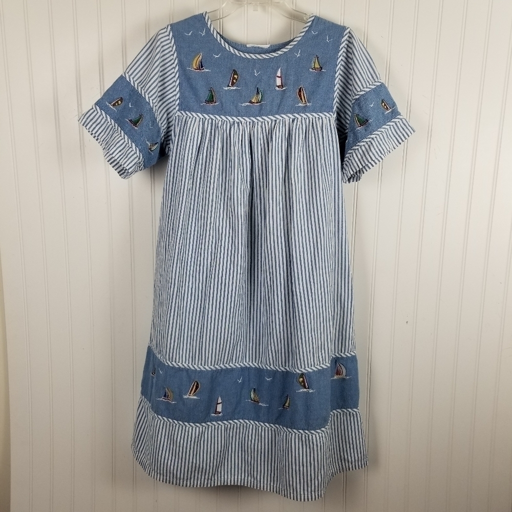 Striped Sailboat Embroidered Short Sleeve Light Denim Dress Summer Nautical S/XS - Picture 7 of 14
